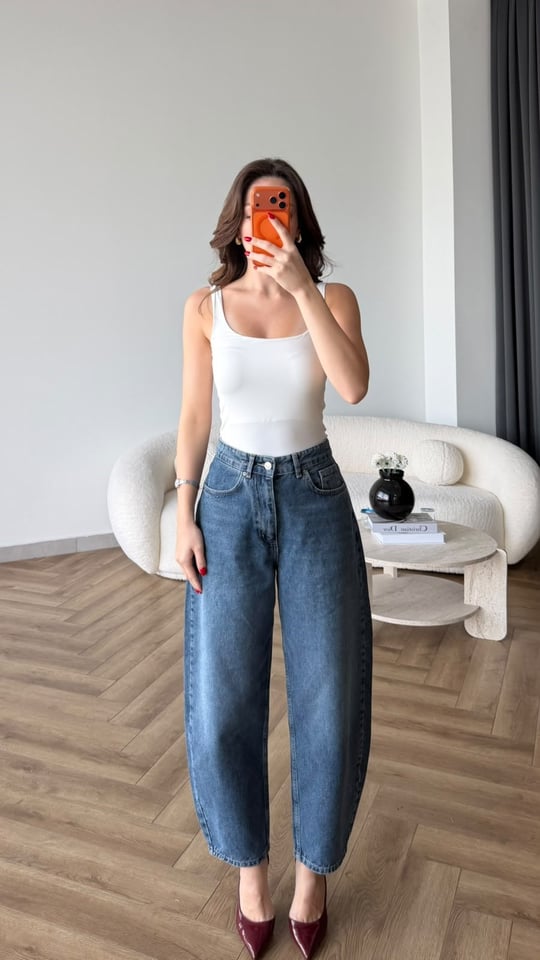 Yüksek Bel Yıkamalı Balon Jean Mavi 2530