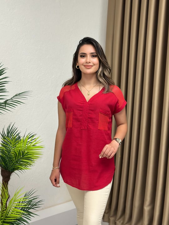 %100 Pamuk Organik Kumaş File Detaylı Bluz Kırmızı