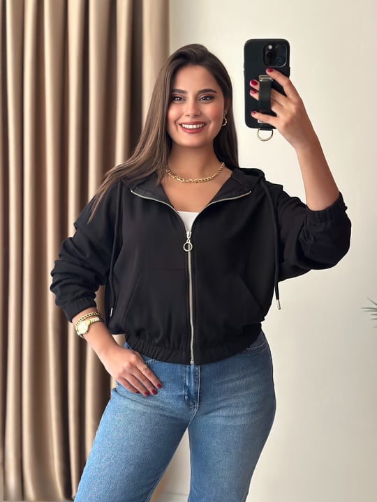 Oysho Modal Kumaş Premium Basic Kapşonlu Fermuarlı Ceket Siyah
