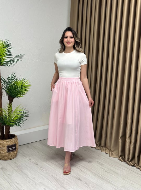 Pamuk Poplin Kumaş Beli Lastikli Midi Boy Etek Pembe