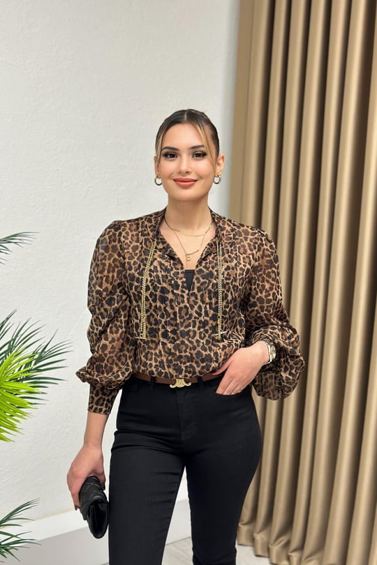Premium Kalite Gold Aksesuarlı Leopar Bluz
