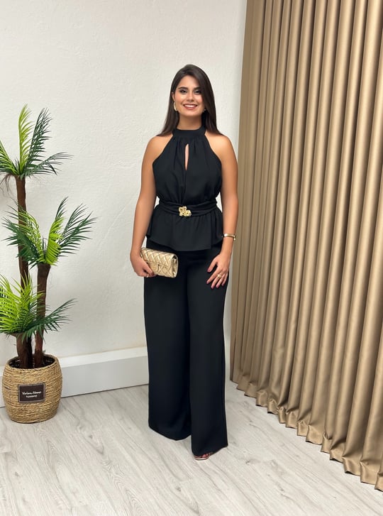 Premium Seri Halter Yaka Beli Gold Tokalı Tulum Siyah
