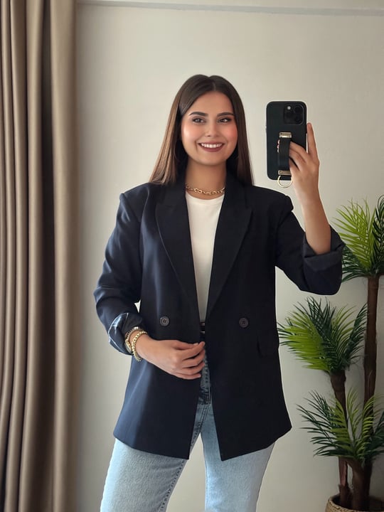Premium Seri Vatkalı Çift Düğmeli Astarlı Blazer Ceket Lacivert