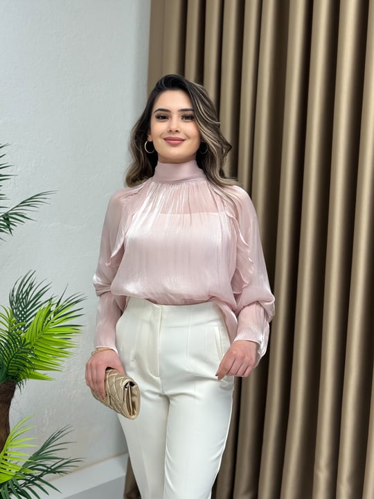 Zr Model İpeksi Parlak Şifon Transparan Bluz Pudra