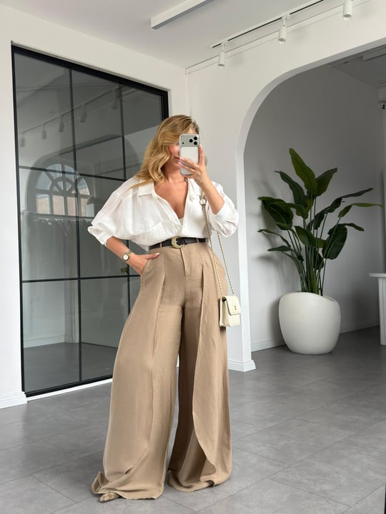 Paça Detaylı Kemerli  Keten Pantolon 501404