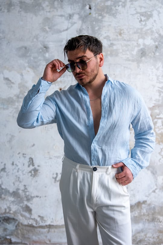 Naturel Keten Oversize Gömlek Bebe Mavisi