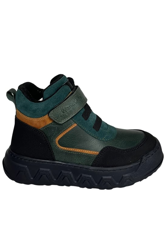 Erkek Bebek Botu – Petrol Yeşili-Siyah Hakiki Deri, Anatomik Taban, tek cırt cırt bant, 'World Kids' yazılı etiket, kahve/taba aksan şerit (21-25 Numara)şenler bebe world kids Ortopedik Çocuk Ayakkabısı