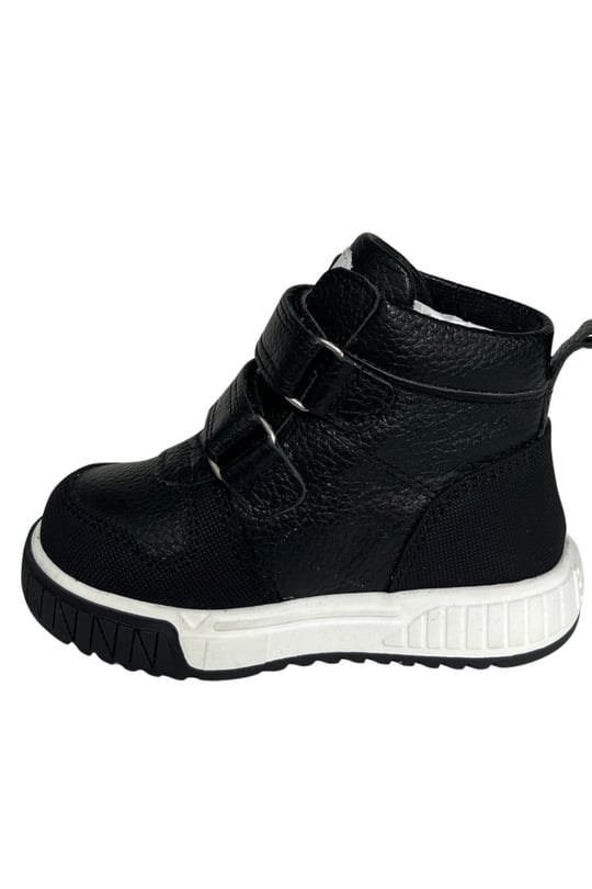 Unisex Bebek Spor Ayakkabısı – Siyah-Beyaz Hakiki Deri, Anatomik Taban, beyaz 'G' şeklinde logo/şerit, çift cırt bant, gümüş halkalı tokalar, kalın beyaz taban, taba renkli küçük çekme tab (21-25 Numara)şenler bebe world kids Ortopedik Çocuk Ayakkabısı