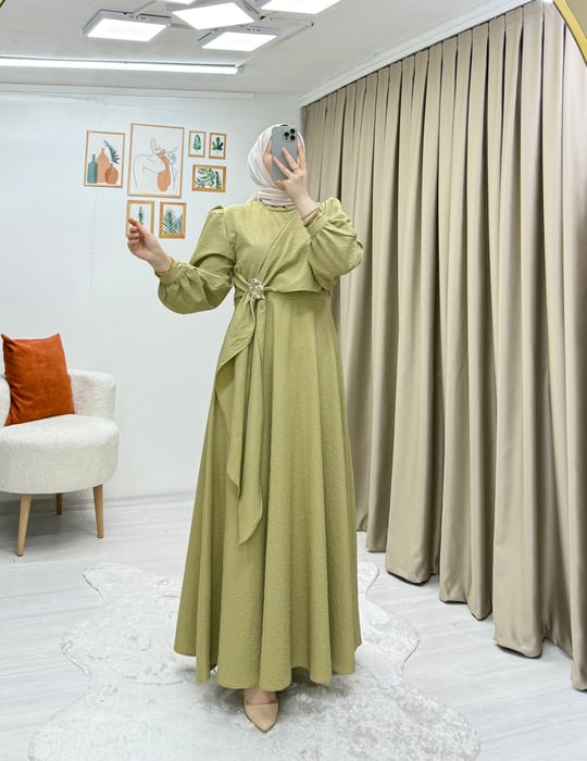 KABARTMA KUMAŞ ELBİSE YAĞ YEŞİLİ