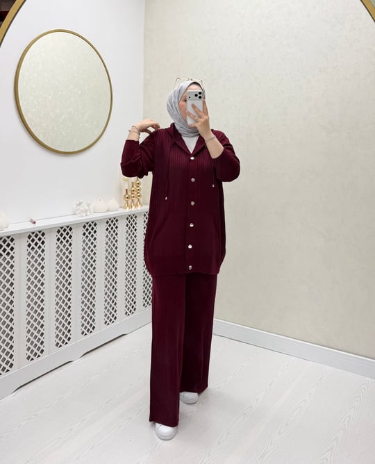 Oub Düğmeli Fitilli Triko Takım Bordo