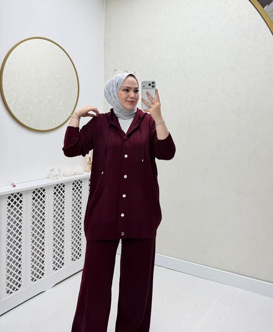 Oub Düğmeli Fitilli Triko Takım Bordo
