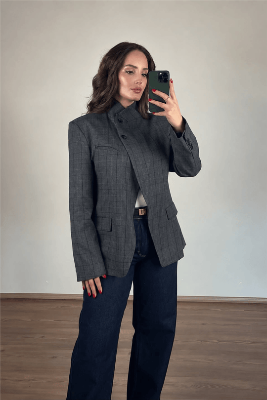 Antrasit Çizgili Dik Yaka Blazer Ceket