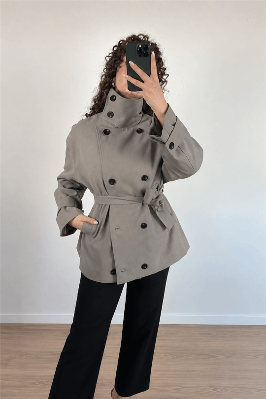 Haki Trençkot Görünümlü Dik Yaka Ceket