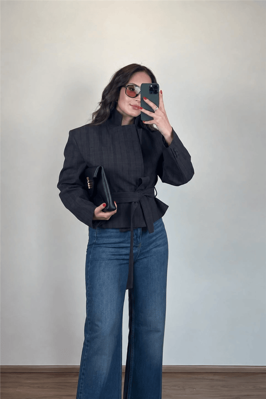 Kahve Kısa Kemerli Blazer Ceket
