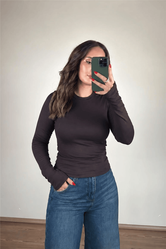 Kahverengi Basic Uzun Kollu T-Shirt