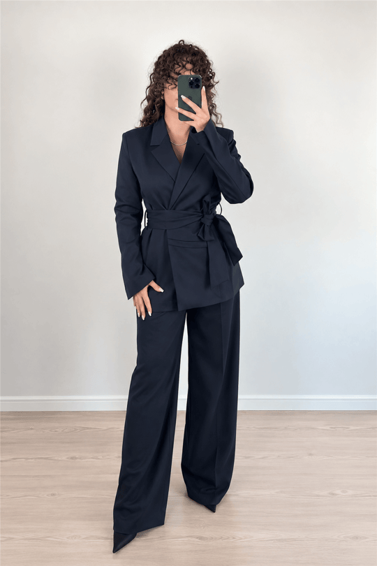 Lacivert Kuşak Detaylı Blazer Ceket Pantolon Takım
