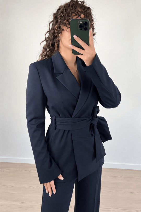 Lacivert Kuşak Detaylı Blazer Ceket Pantolon Takım
