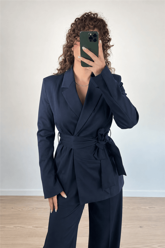 Lacivert Kuşak Detaylı Blazer Ceket Pantolon Takım