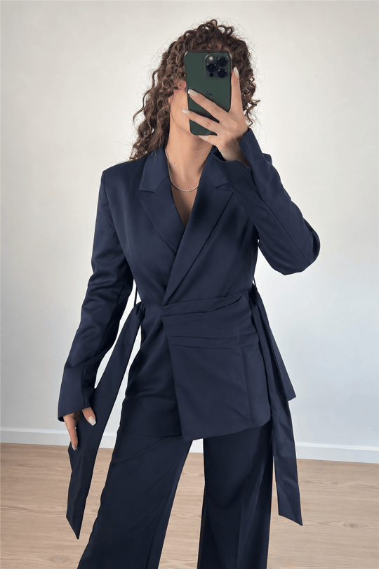 Lacivert Kuşak Detaylı Blazer Ceket Pantolon Takım