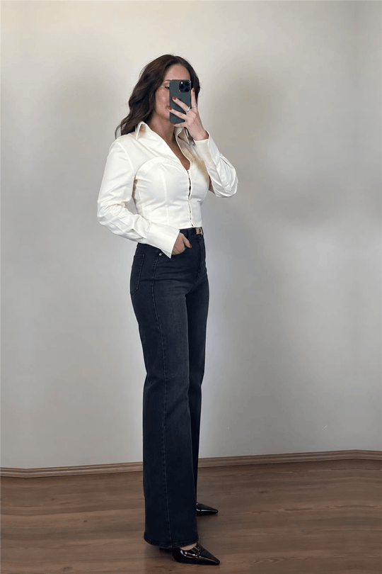 Yüksek Bel Antrasit Wide-Leg Jean Pantolon