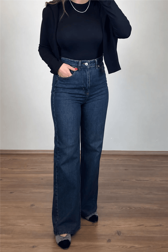 Yüksek Bel Koyu Mavi Wide-Leg Jean Pantolon