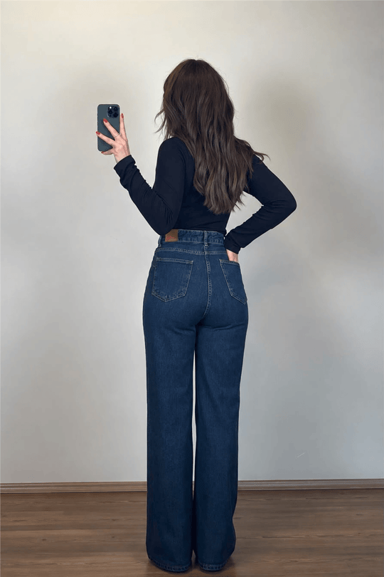 Yüksek Bel Koyu Mavi Wide-Leg Jean Pantolon