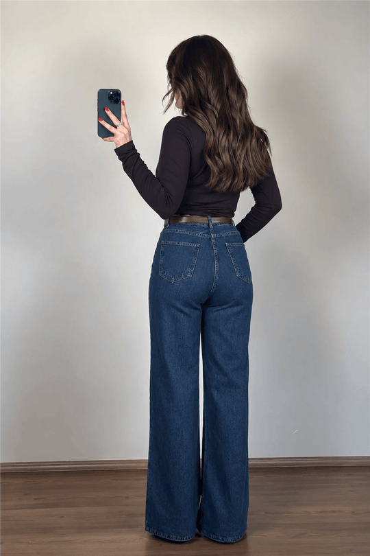 Yüksek Bel Mavi Wide-Leg Jean Pantolon