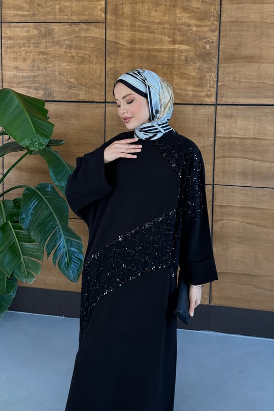 Elisa İşlemeli Tensel Elbise - Siyah