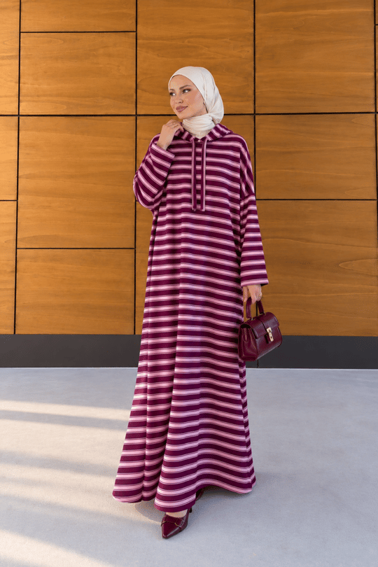 Nova Kapuşonlu Bordo Çizgili Elbise - Pembe