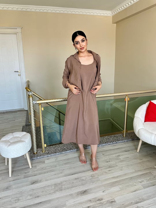 Kahverengi İp Askılı Elbise Gömlek İkili  