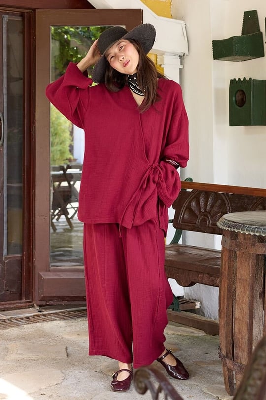 Bordo Müslin Şalvar Pantolon