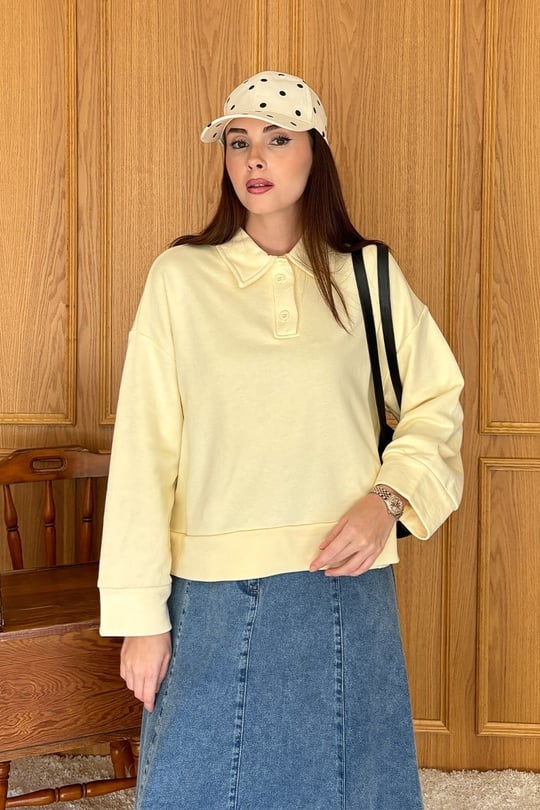 Tereyağ Sarısı Polo Yaka Crop