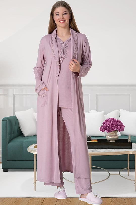 Mecit 5910 Gül Kurusu Büyük Beden Kadın Sabahlıklı Pijama Takımı | Mecit  Pijama