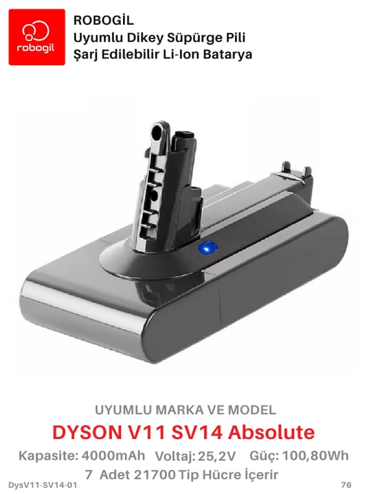 Dyson V11 SV14 Absolute 4000mAh Uyumlu Bataryası Dikey Süpürge Pili Li-ion Yedek Pil Paketi DysV11-SV14-01