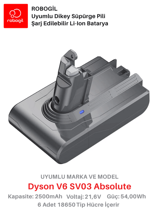 Dyson V6 SV03 Absolute 2500mAh Uyumlu Bataryası Dikey Süpürge Pili Li-ion Yedek Pil Paketi DysV6-SV03-01