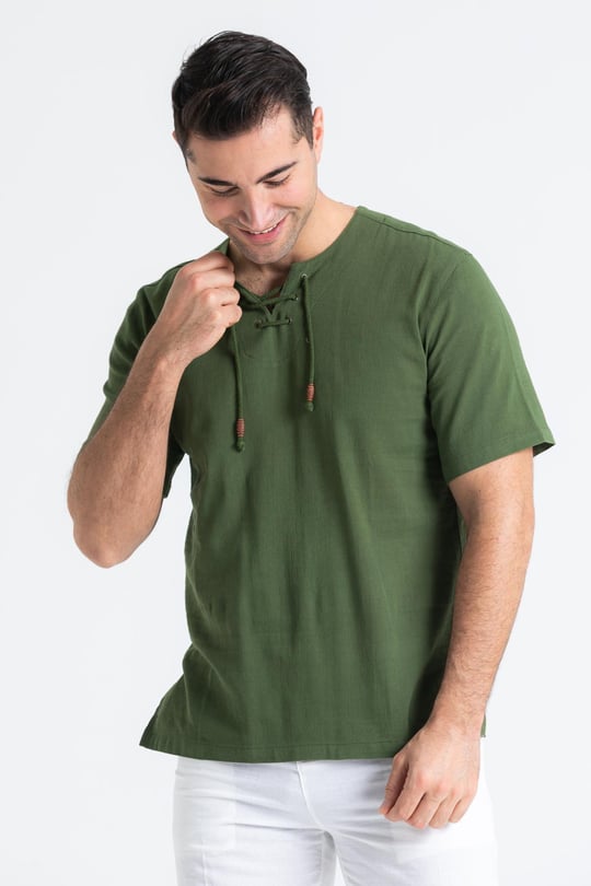 Kısa Kol Şile Bezi Zımbalı Erkek Yazlık Tshirt Yeşil | silemoda.com
