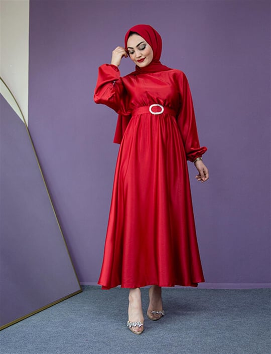 Nude Saten Mevlana Abiye Elbise-Kırmızı