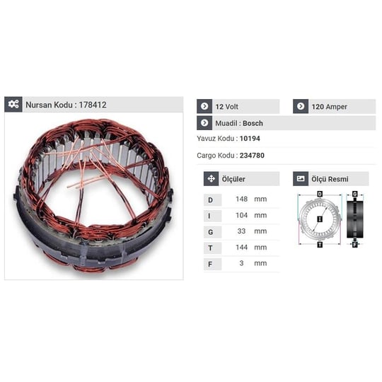 NURSAN 177512 12V ALTERNATÖR STATÖR BOSCH TİPİ 130 A (6 UÇLU-TIRNAKLI)
