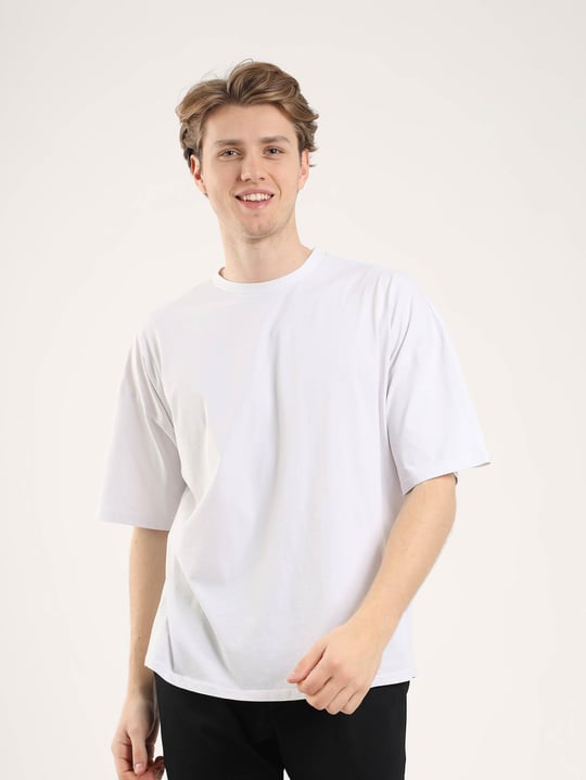 Dufy Beyaz Erkek Oversize Düz Pamuklu Bisiklet Yaka Tshirt - 89400 - DUFY