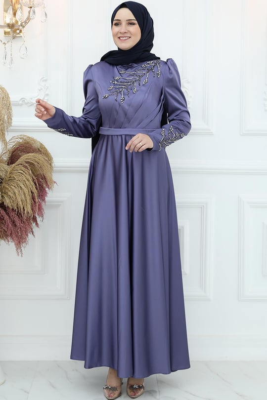 Stone Print Detailed Evening Dress Gold AMH982