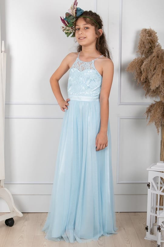 Lace Detailedtool Children s Evening Dresses Baby Blue MDV302