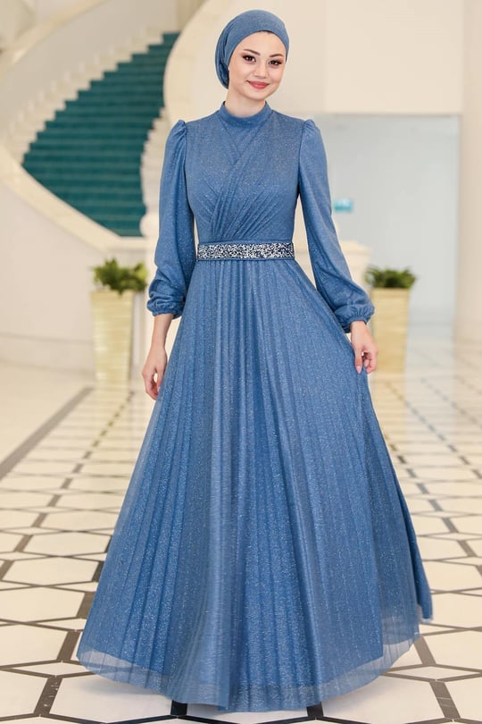 Robe de Soiree Ceinturee en Tulle Argente Indigo SN44