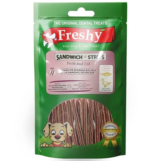 Freshy Sandwich Strips Ördekli ve Morina Balıklı Köpek Ödülü, Köpek Atıştırmalıkları, Freshy