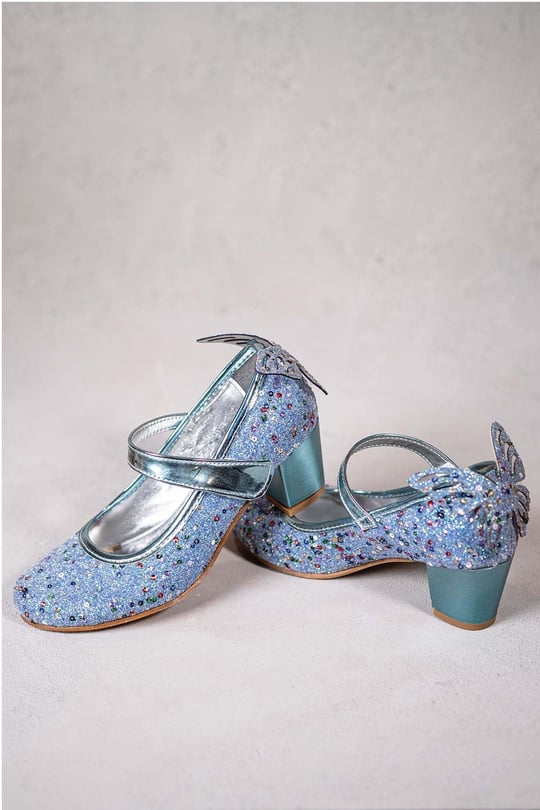 Kız Çocuk Topuklu Ayakkabı Kelebek Detaylı Mavi - Pan Kostüm