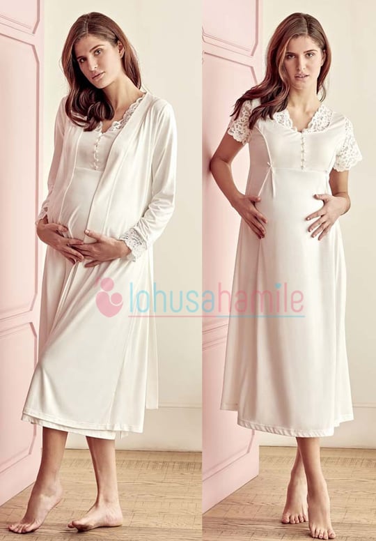 Anıl 5507 Ecru Lace Detailed Maternity Nightgown and Robe Set