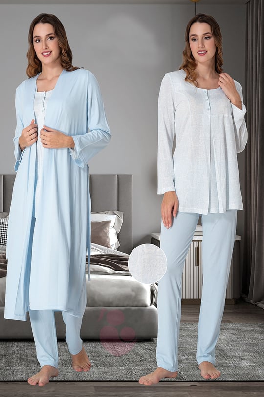 Effortt 9074 Mavi Uzun Sabahlıklı Lohusa Pijama Takımı - Lohusa Hamile