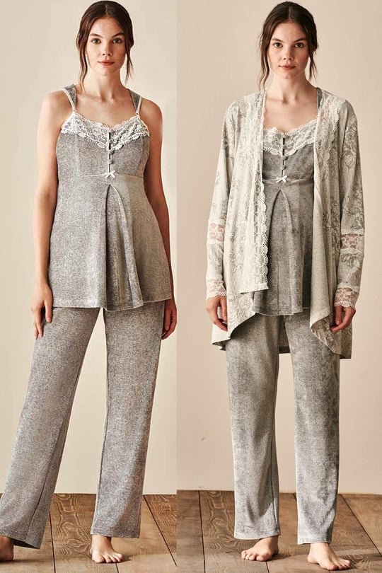 Feyza 3914 Grey Velvet Maternity Pajama and Robe Set