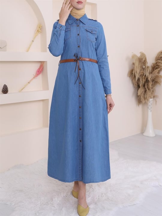Boydan Düğmeli Kemerli Kot Elbise -Mavi - 192-6058-R31 | Miss NAC Marka Elbise  Modelleri | Kadın Tesettür Giyim - KaliteMall.com