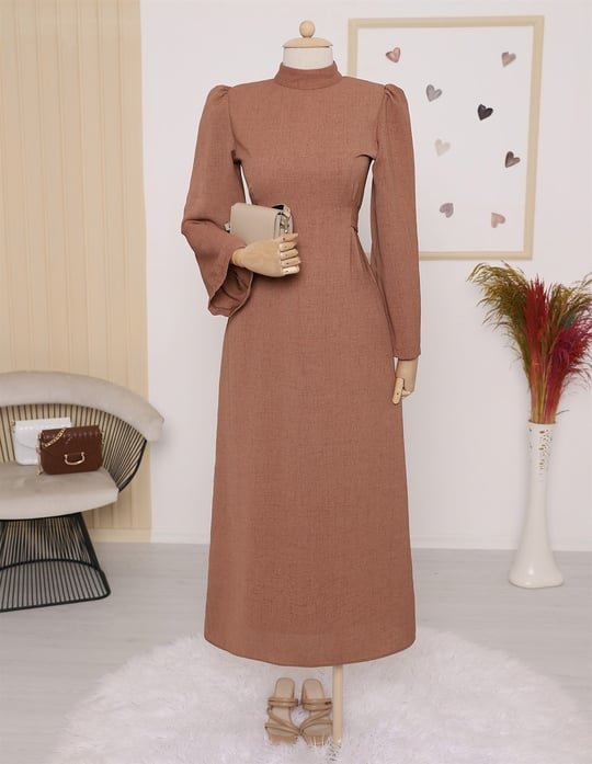 Hakim Yaka Belden Bağlamalı Elbise -Taba - 111-60835-R12 | Rita Marka Elbise  Modelleri | Kadın Tesettür Giyim - KaliteMall.com