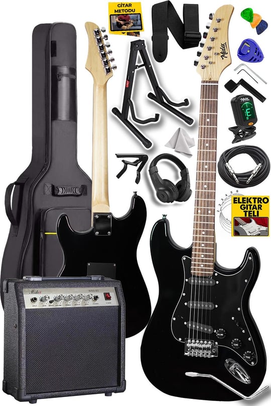 Midex RPH-30BK-ST Full Black Profesyonel Elektro Gitar (Stand Çanta Askı  Capo Tuner Pena Kablo Yedek Tel)